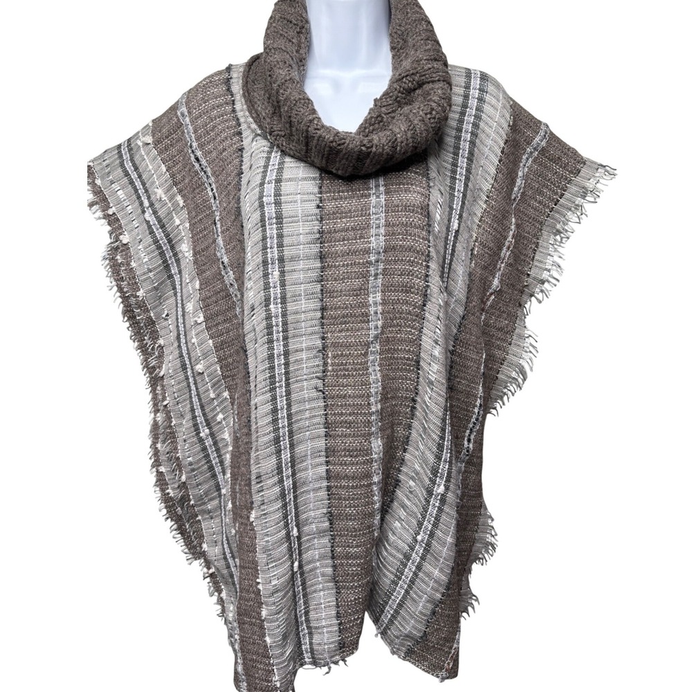 WOVEN DREAM DESIGNS Womens Brown Striped Cowl Neck Fringed Poncho OS Rustic Cozy